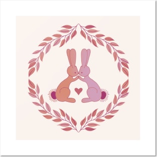 Peach Pink rabbits kissing Posters and Art